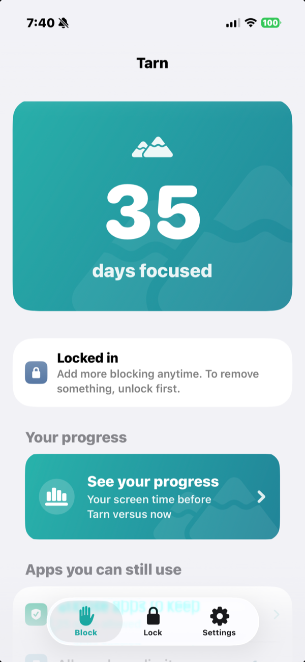 Tarn home screen showing 35 days focused