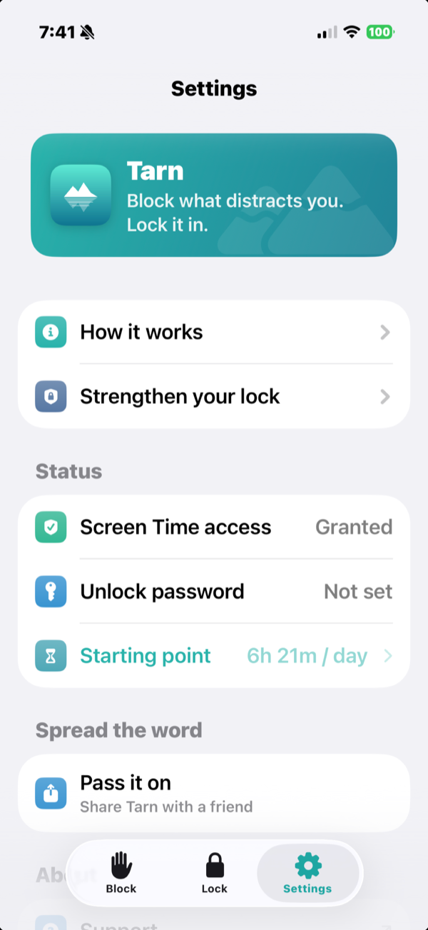 Tarn settings screen: Screen Time access, unlock password, and starting point